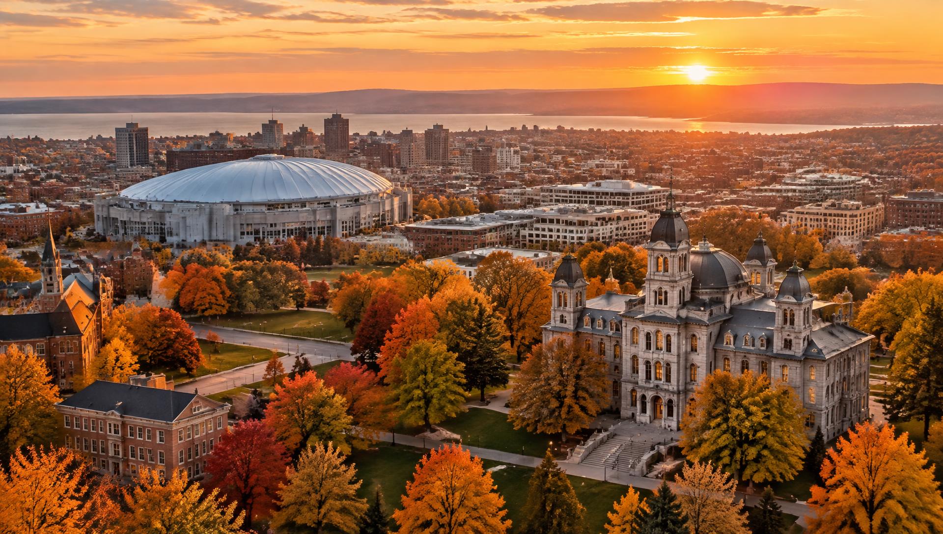 Aerial view of Syracuse, New York at sunset in autumn
