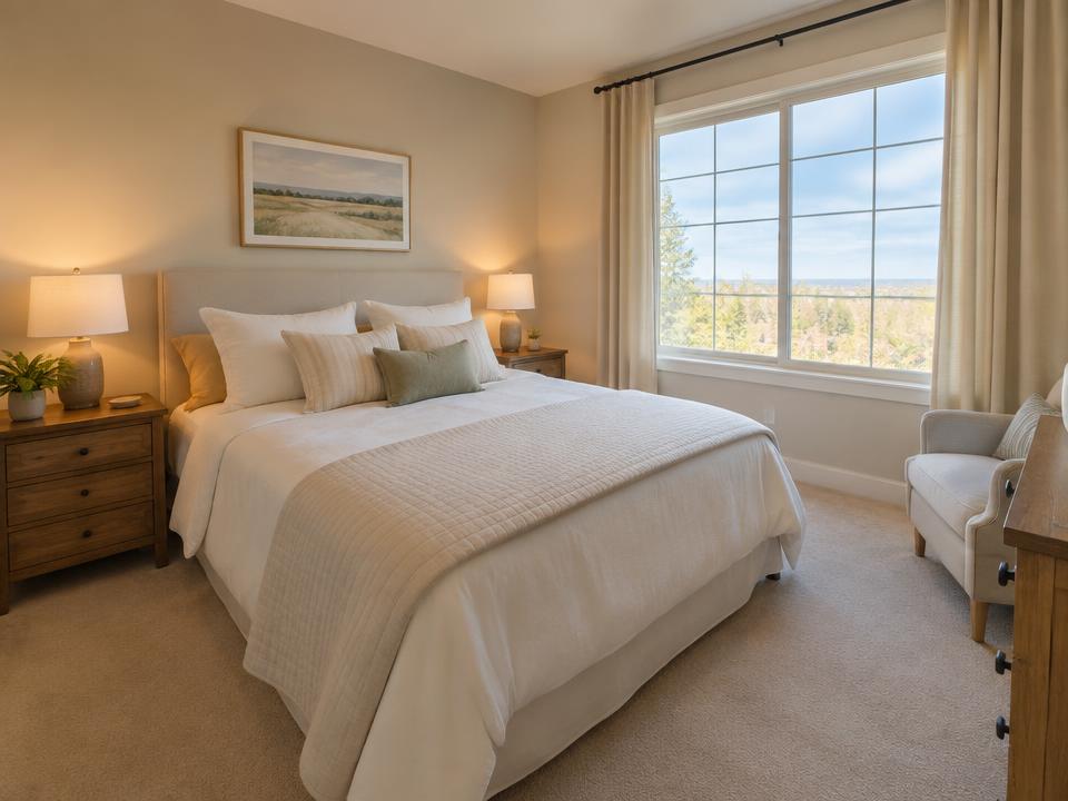 Warm guest bedroom with neutral bedding